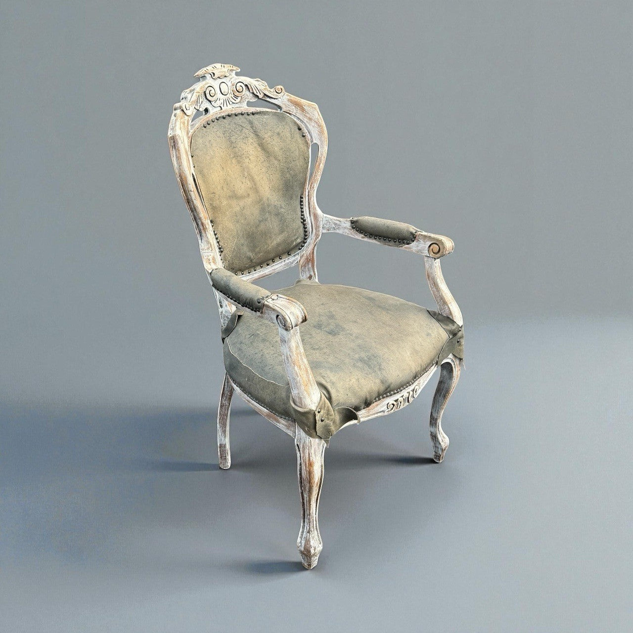 Vintage French Style Carved Armchair Shabby Chic Distressed Upholstered Chair