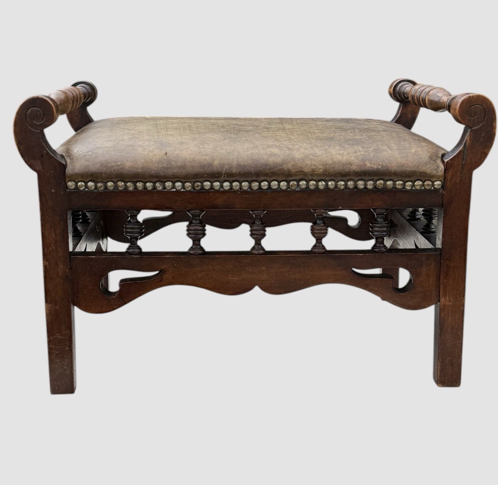 Antique Victorian Oak Stool Leather Upholstered Seat Vintage Footstool