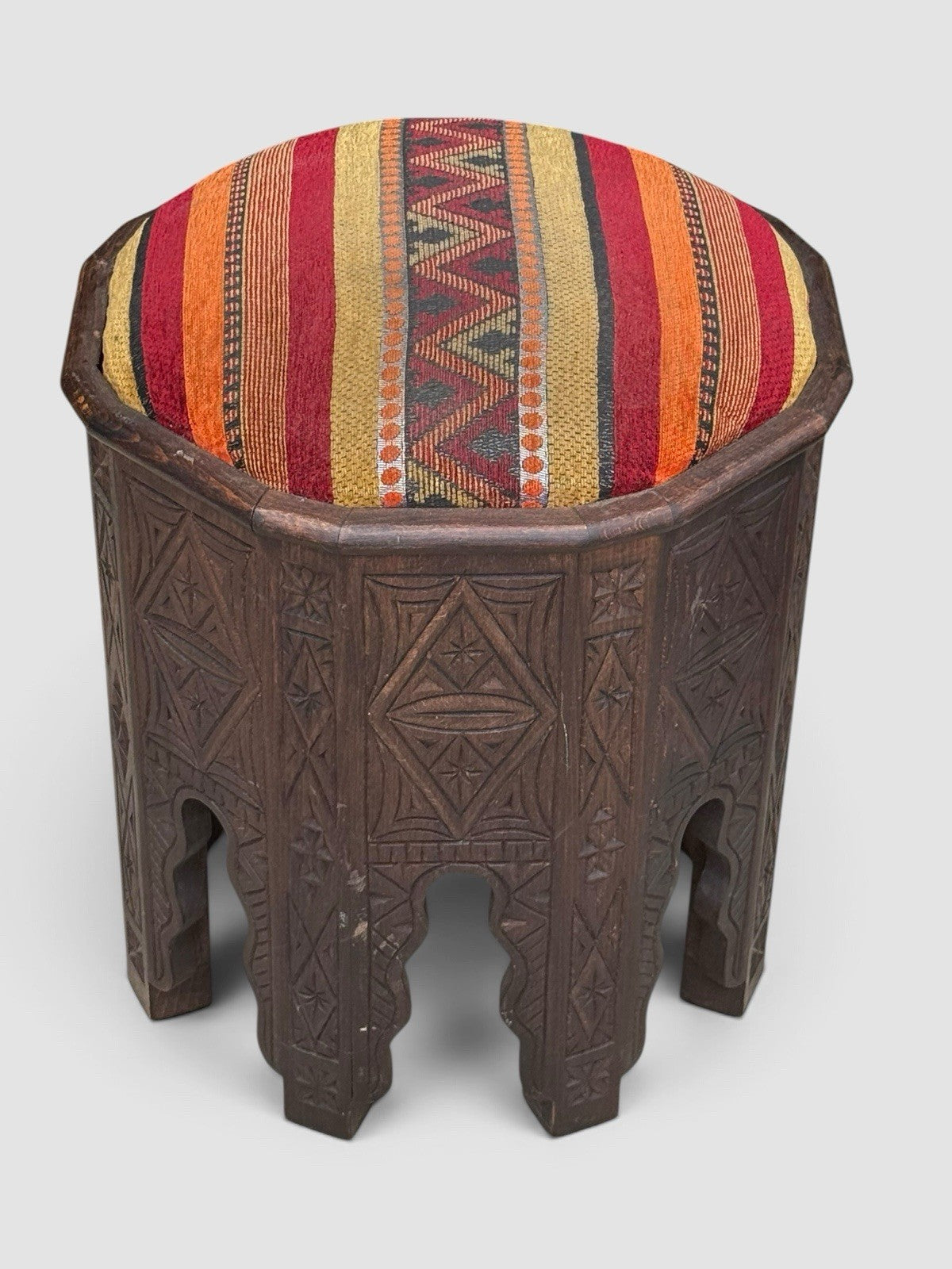 Vintage Moroccan Carved Wooden Stool Footstool Berber Kilim Seat
