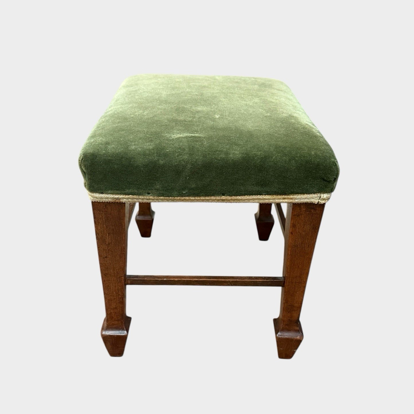 Antique Oak Upholstered Joint Stool Footstool Green Fabric Seat