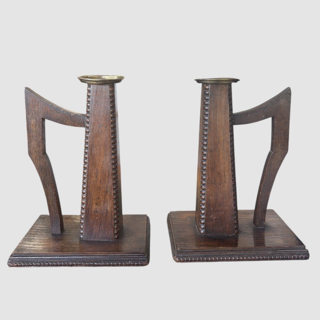 Pair Antique Arts and Crafts Wooden Candlesticks Candle Holders