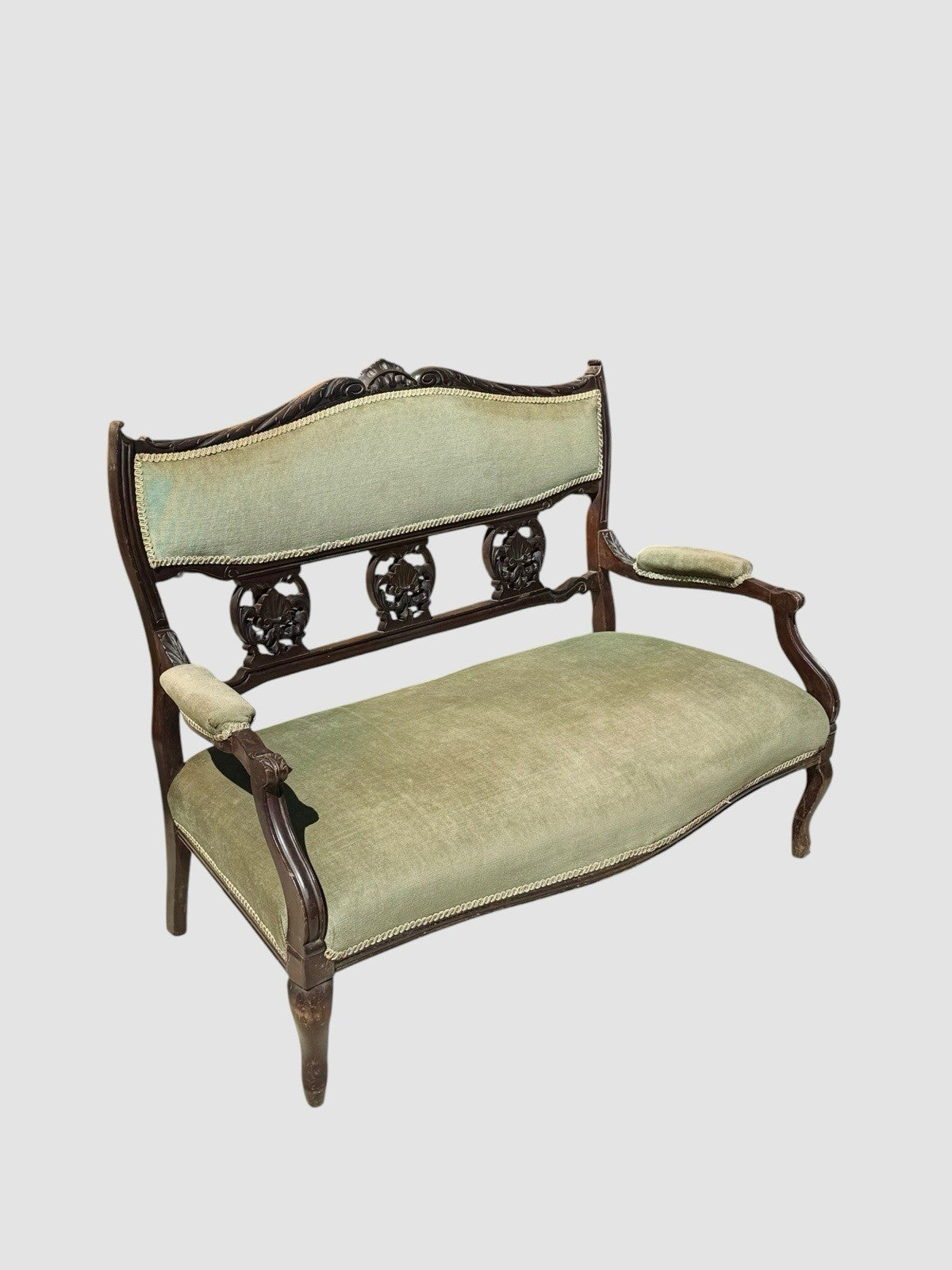 Antique Victorian Carved Mahogany Settee Sofa Green Upholstered Two Seater