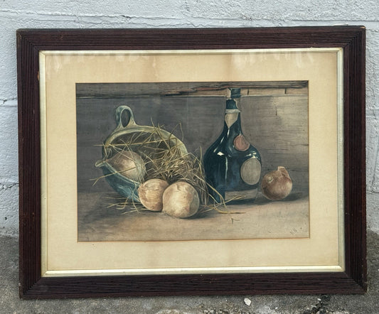 Antique French Still Life Watercolor Signed 
