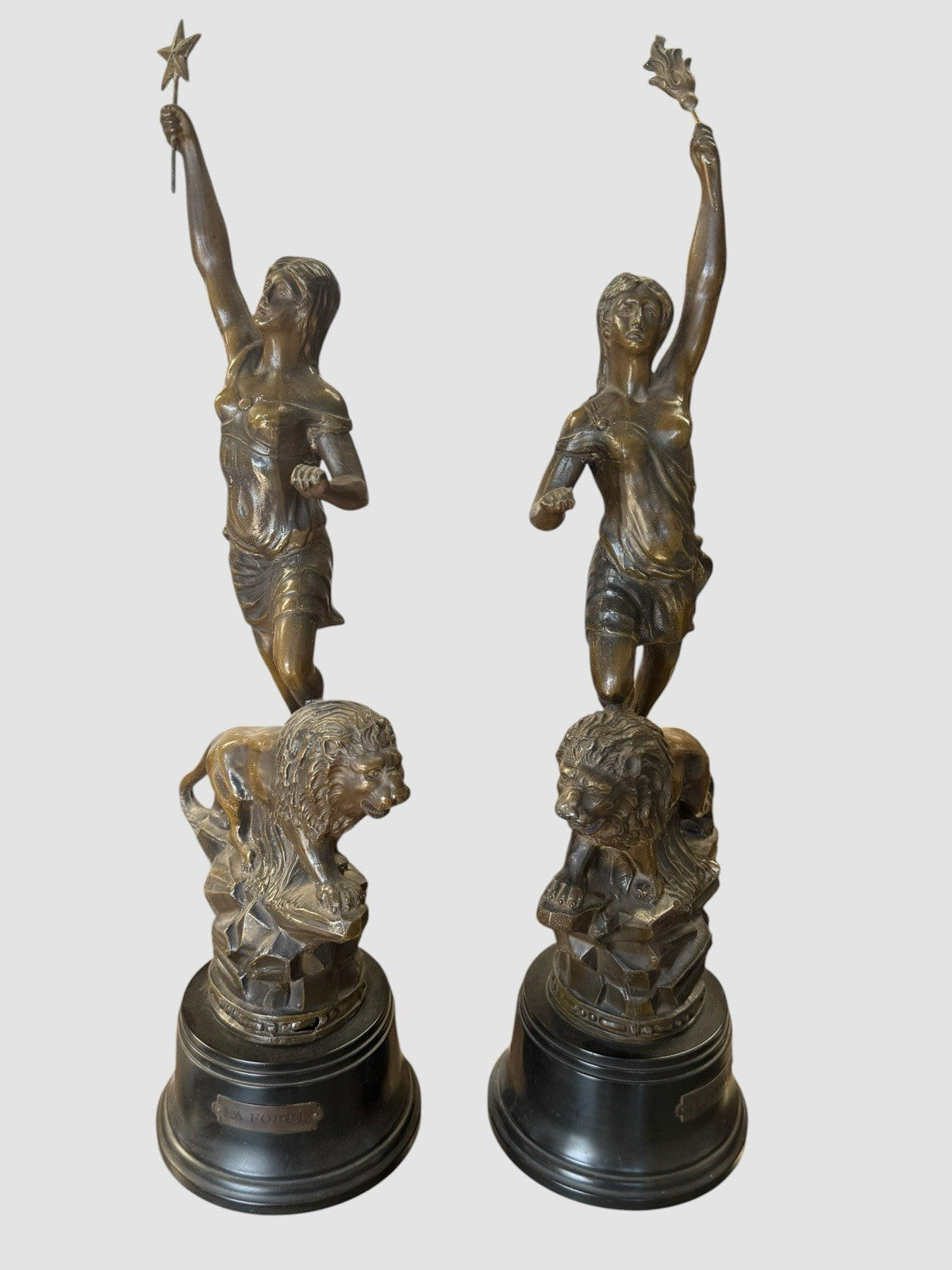Pair Antique Cast Bronze Statues Figures Sculptures Ornate Patina Decorative