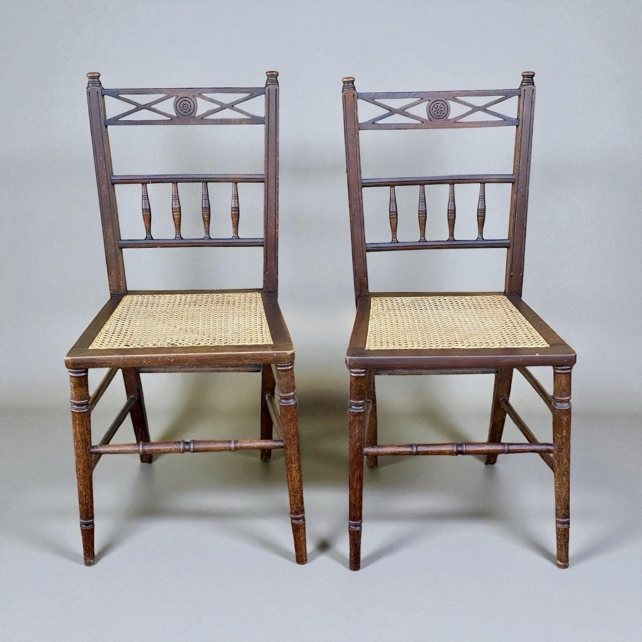 Pair Antique Victorian Cane Seat Chairs Spindle Back Farmhouse Wooden Dining