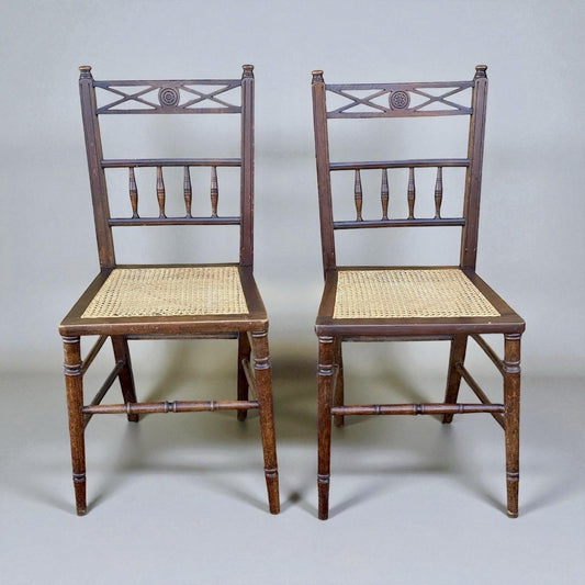 Pair Antique Victorian Cane Seat Chairs Spindle Back Farmhouse Wooden Dining