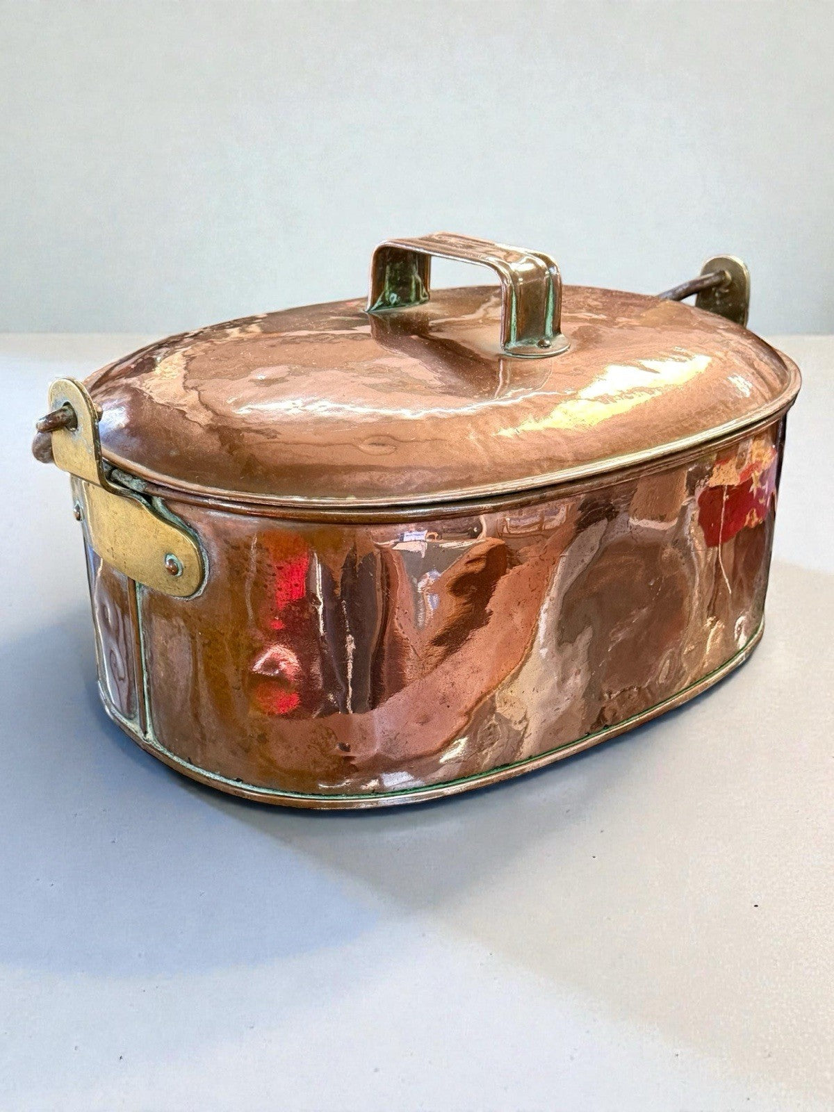 Antique Copper Oval Fish Kettle Poacher with Lid Brass Handles Victorian