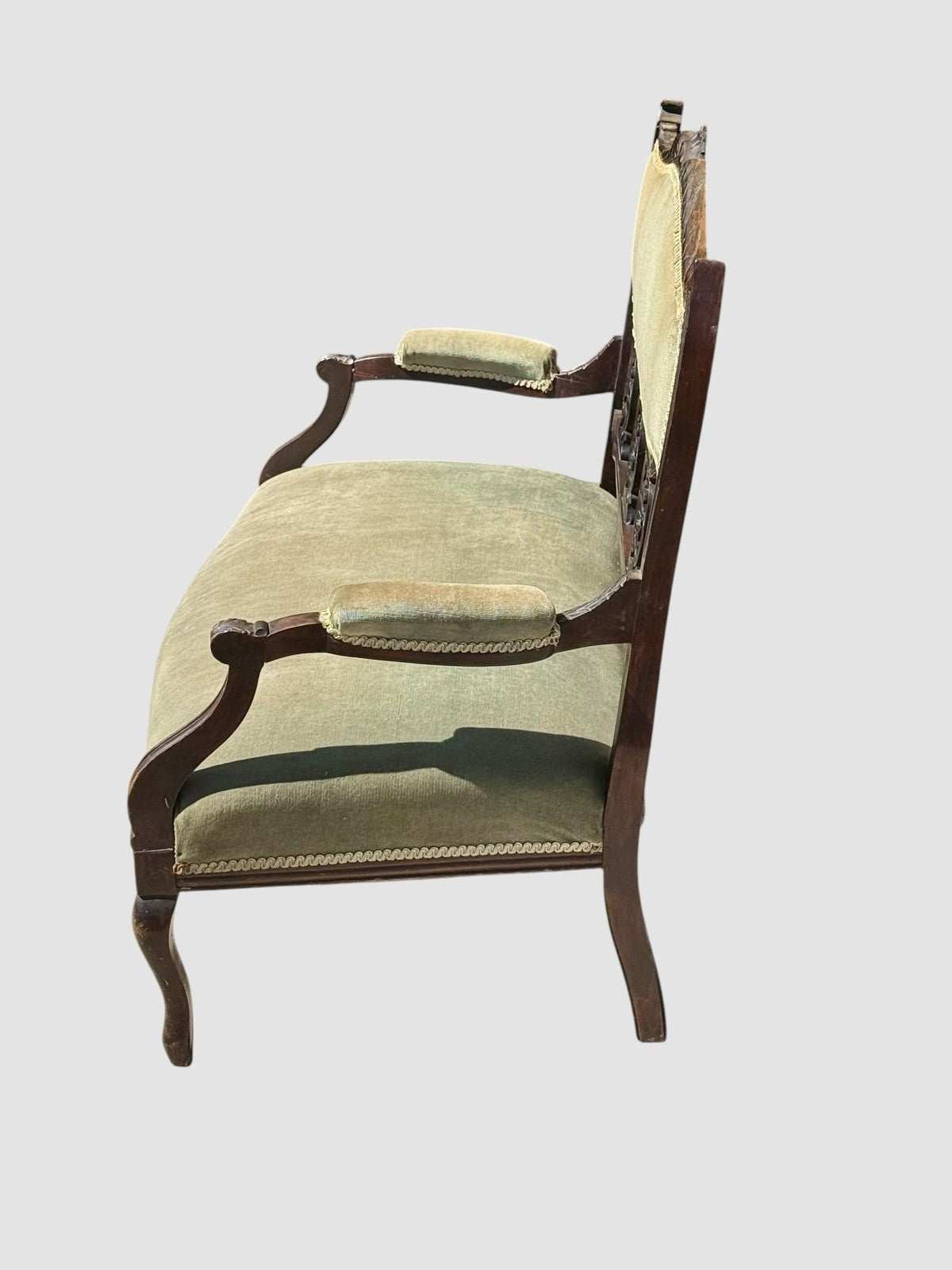 Antique Victorian Carved Mahogany Settee Sofa Green Upholstered Two Seater