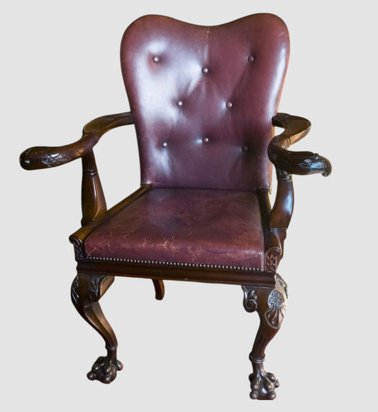 Antique Victorian Carved Mahogany Library Armchair 19th Century