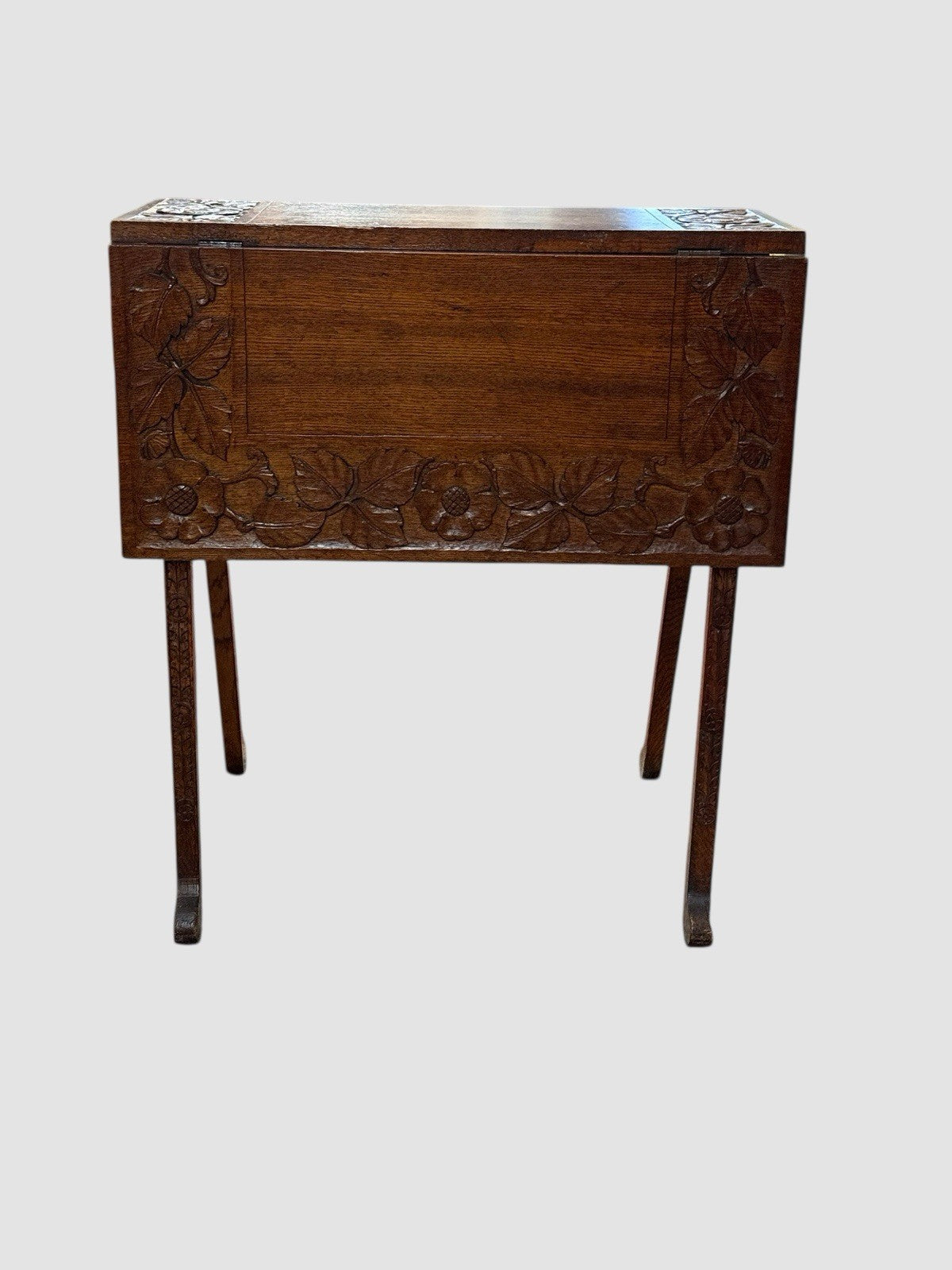 Antique English Carved Oak Swivel Top Drop Leaf Table