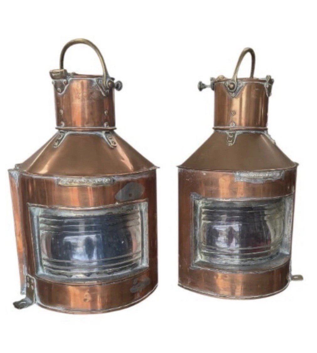 Pair Antique Alderson & Gyde Copper Ship Bow Navigation Lanterns Port Starboard