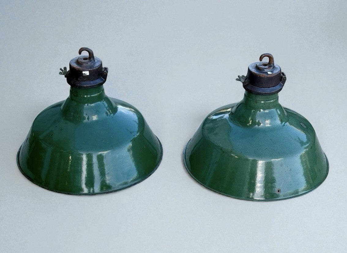 Pair Of Industrial Wardel Green Enamel Pendant Lights