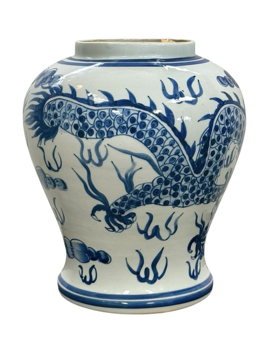 Vintage Chinese Blue And White Porcelain Dragon Vase