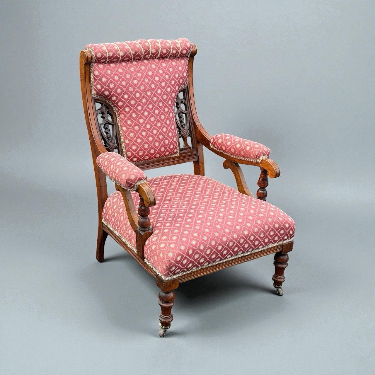 Antique Victorian 19th Century Carved Armchair Upholstered Lounge Chair