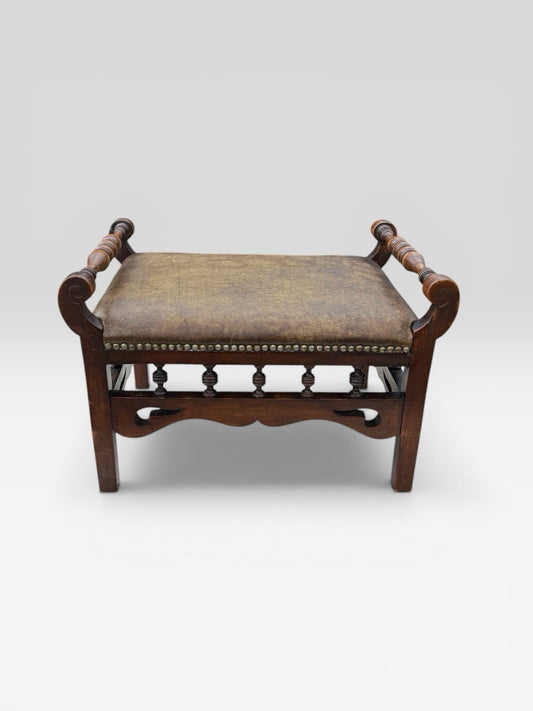 Antique Victorian Oak Stool Leather Upholstered Seat Vintage Footstool