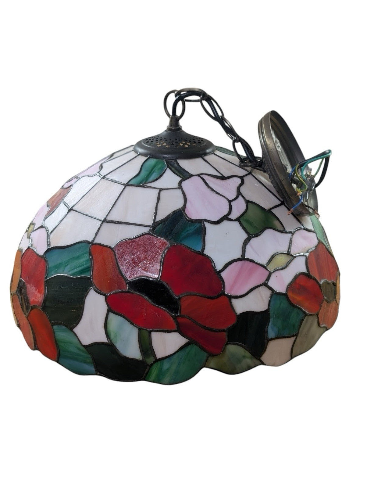 Pair Tiffany Style Glass Ceiling Pendants Vintage Stained Glass Lights