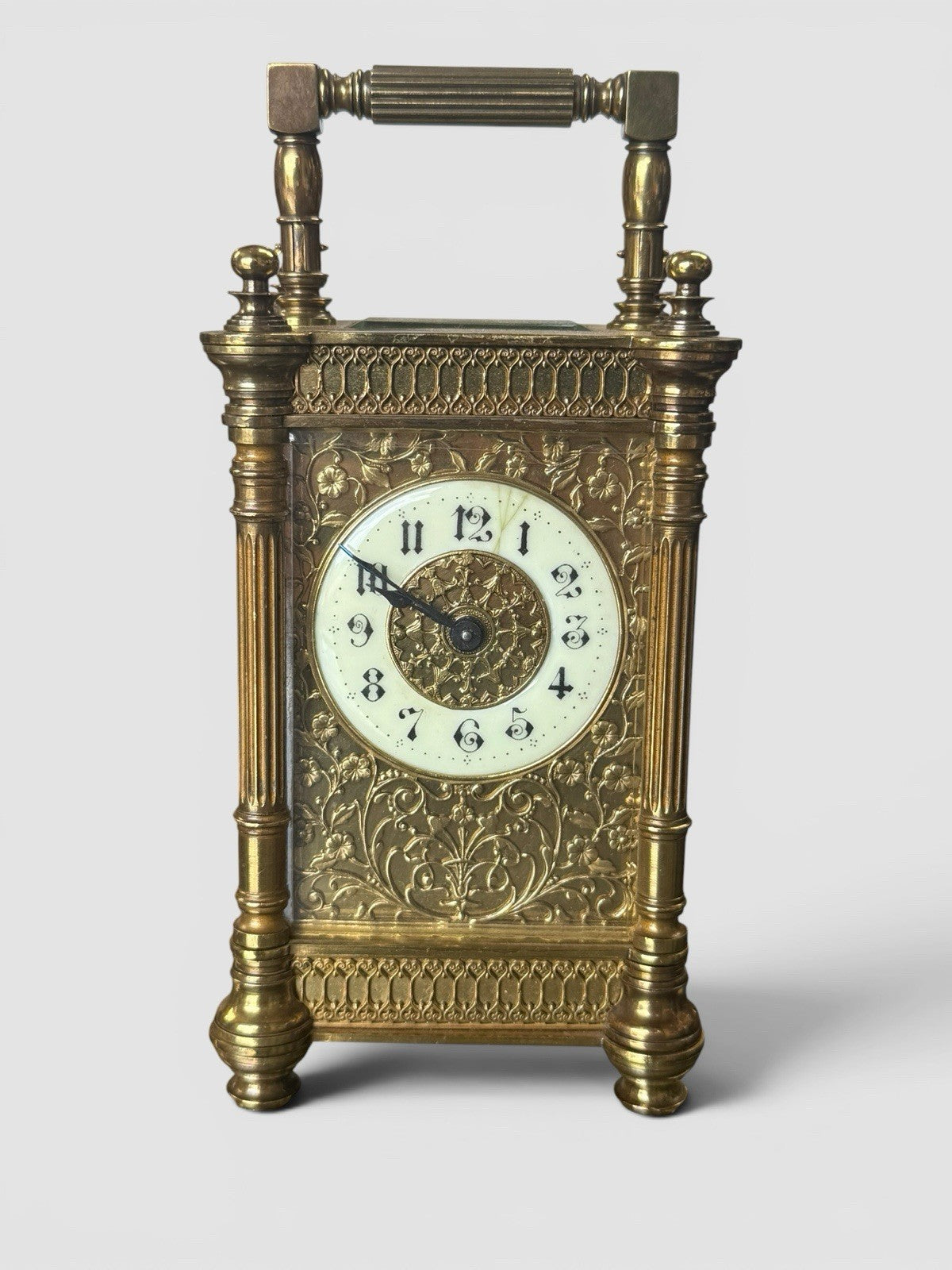 Antique French Gothic Revival Carriage Clock Brass Case Working Timepiece