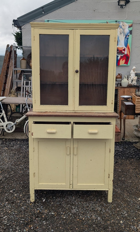 Yellow Hand painted Early 19c Glass And Solid Door Front Cupboard In 2 Pieces 
