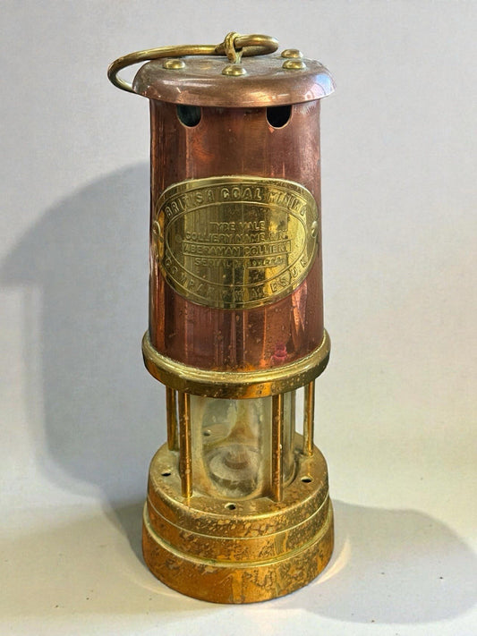 Antique Brass & Copper Welsh Miners Safety Lamp Aberaman Colliery