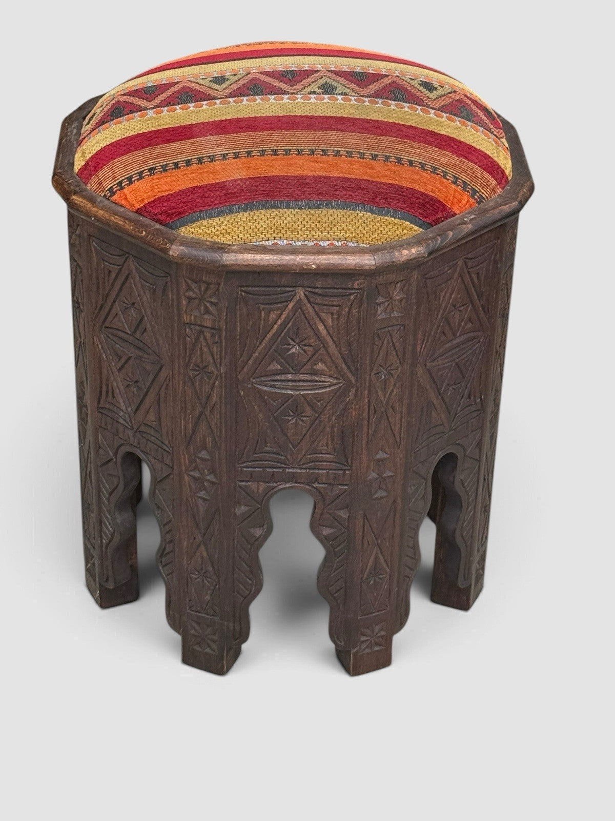 Vintage Moroccan Carved Wooden Stool Footstool Berber Kilim Seat