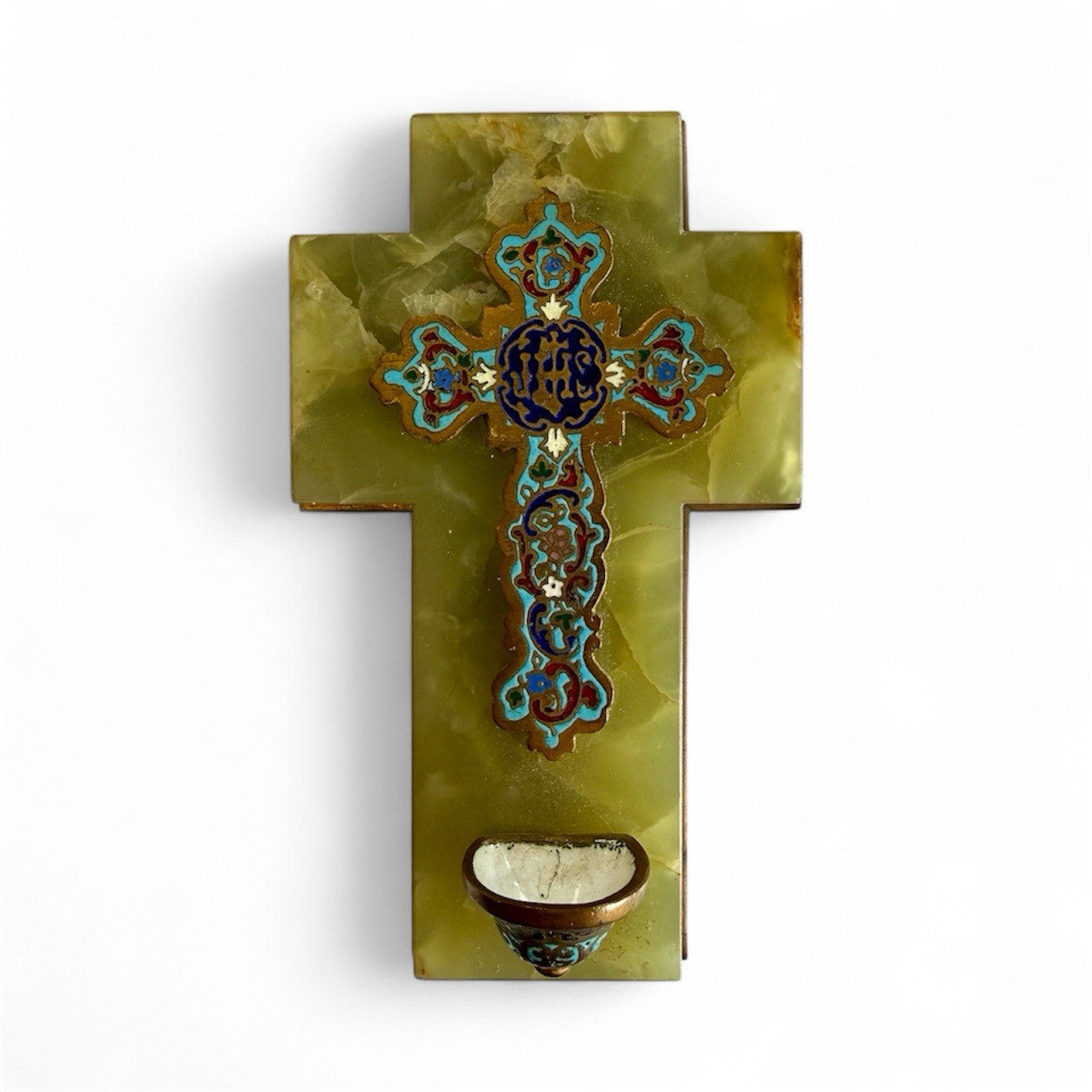 Antique 19thC French Champleve Enamel Crucifix Cross on Onyx Holy Water Font