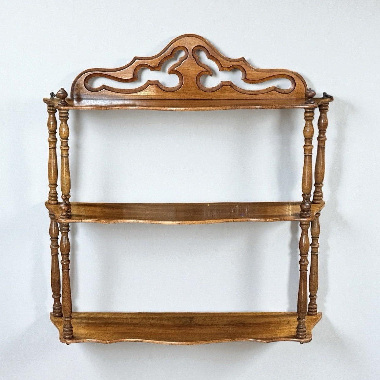 "Victorian Walnut Three-Tier Hanging Shelves - Antique Home Decor Display"
