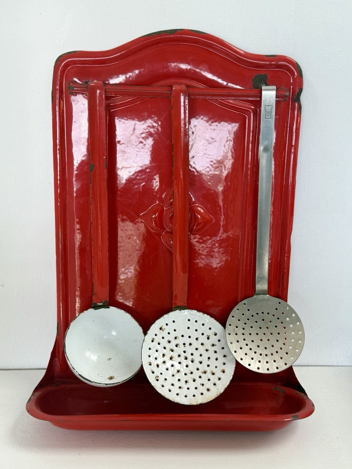 Set Vintage Wall Mounted French Enamel Utensil Holder Kitchenalia Cottage Style