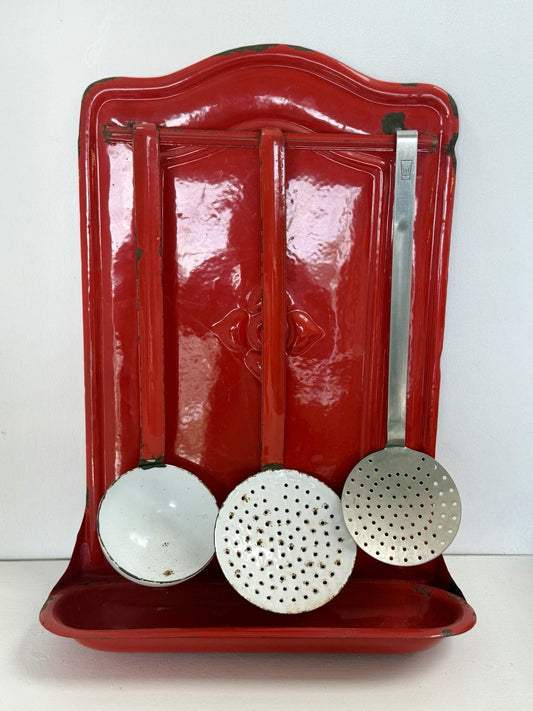Set Vintage Wall Mounted French Enamel Utensil Holder Kitchenalia Cottage Style