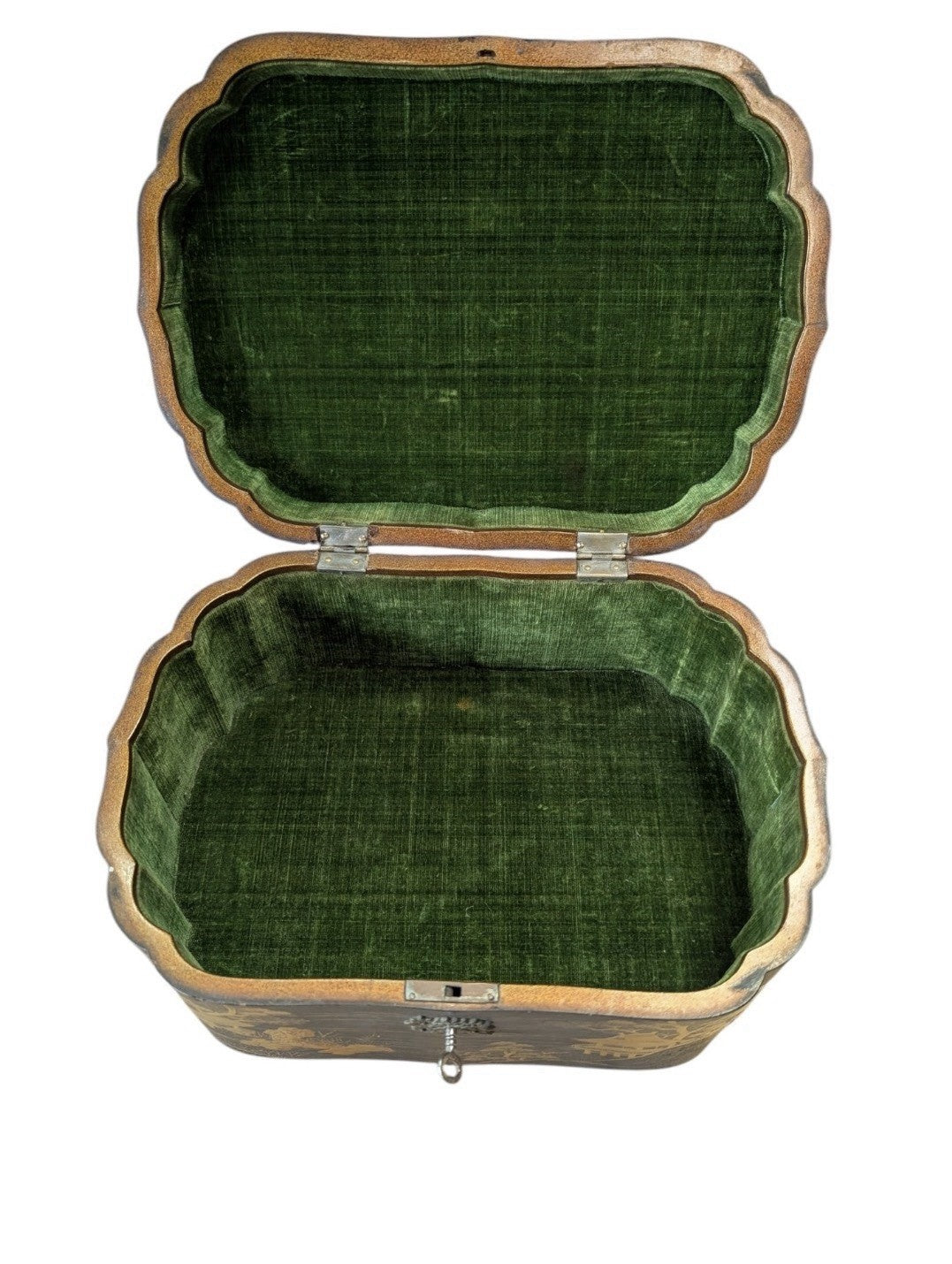 Antique Victorian Chinoiserie Cartouche Box Oriental Decor Velvet Lined