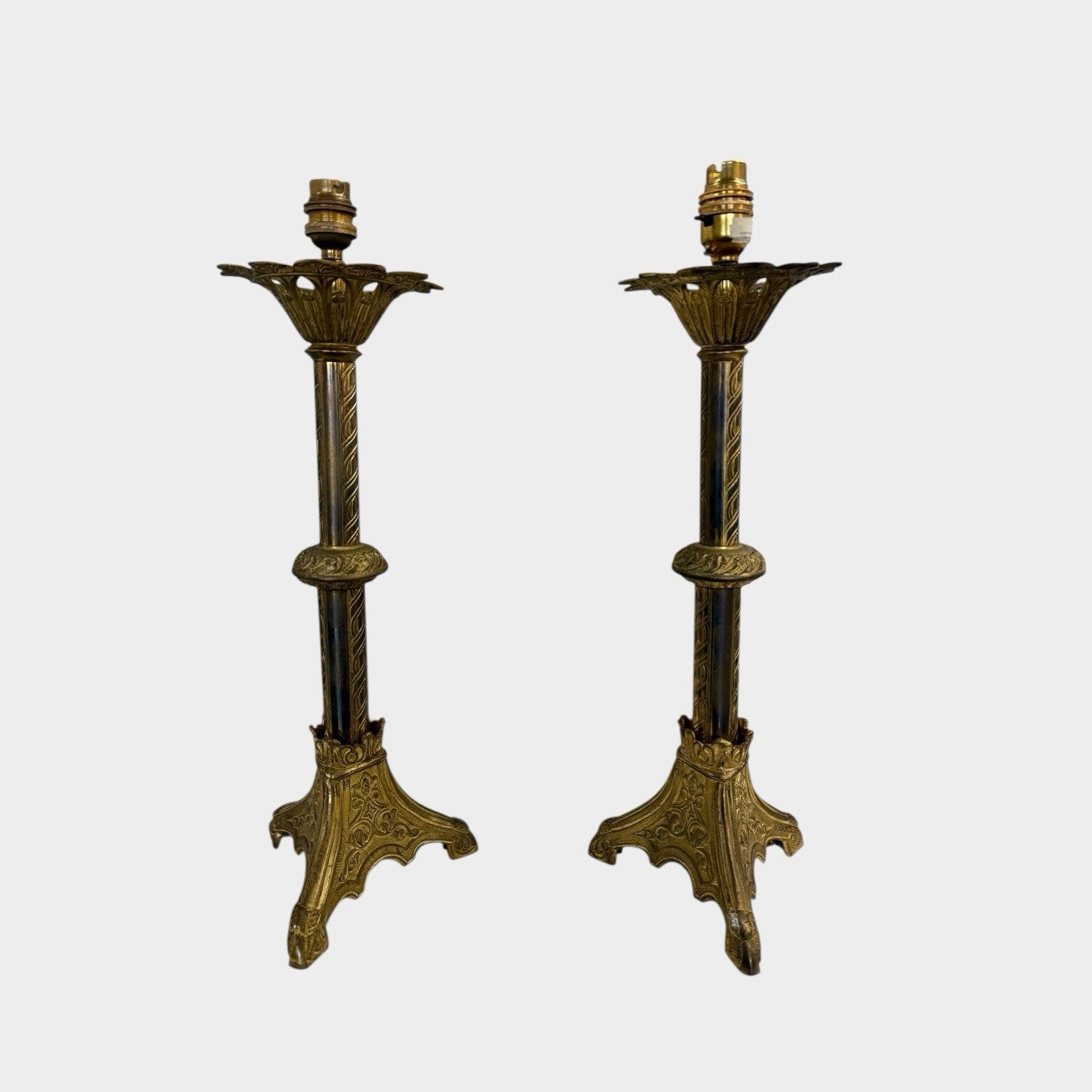 Pair of Vintage Column Table Lamps Classic Brass Style Bedside Lights