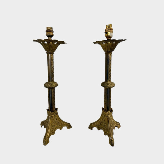 Pair of Vintage Column Table Lamps Classic Brass Style Bedside Lights