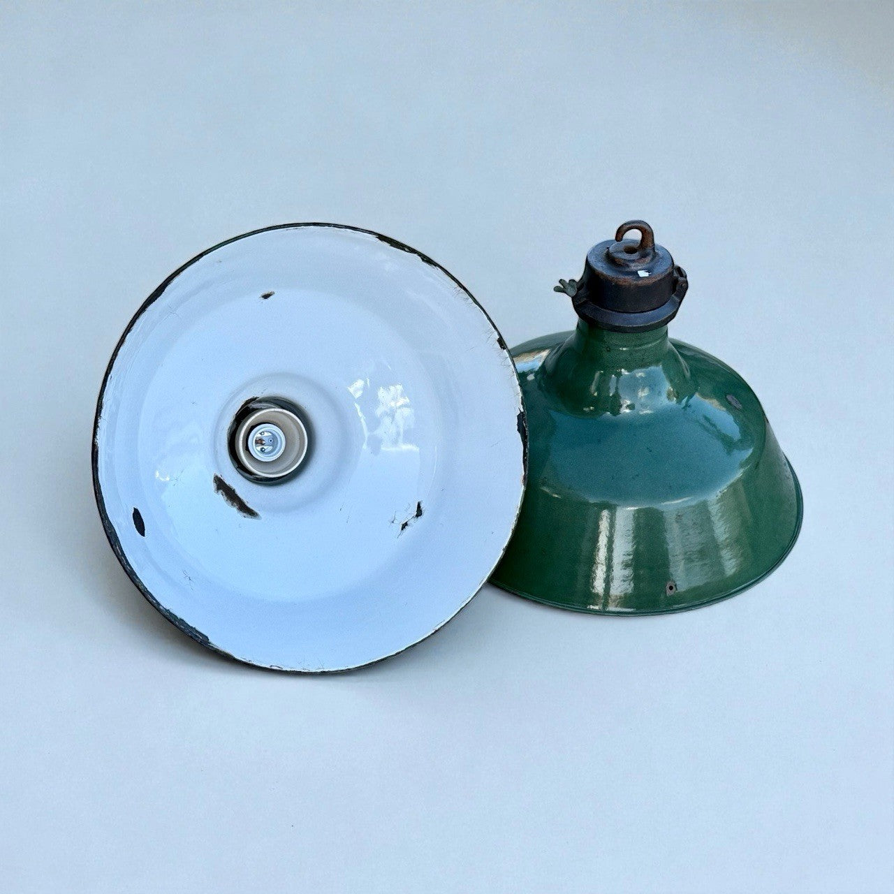 Pair Of Industrial Wardel Green Enamel Pendant Lights