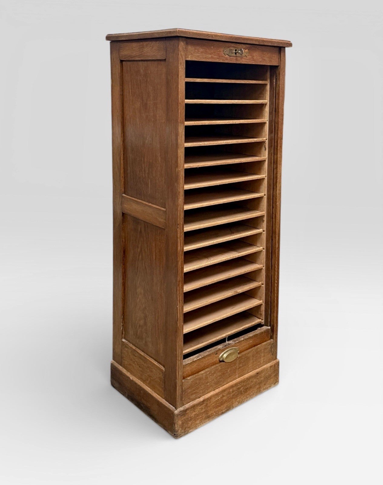 Vintage Oak Tambour Filing Cabinet Roll Top Office Storage