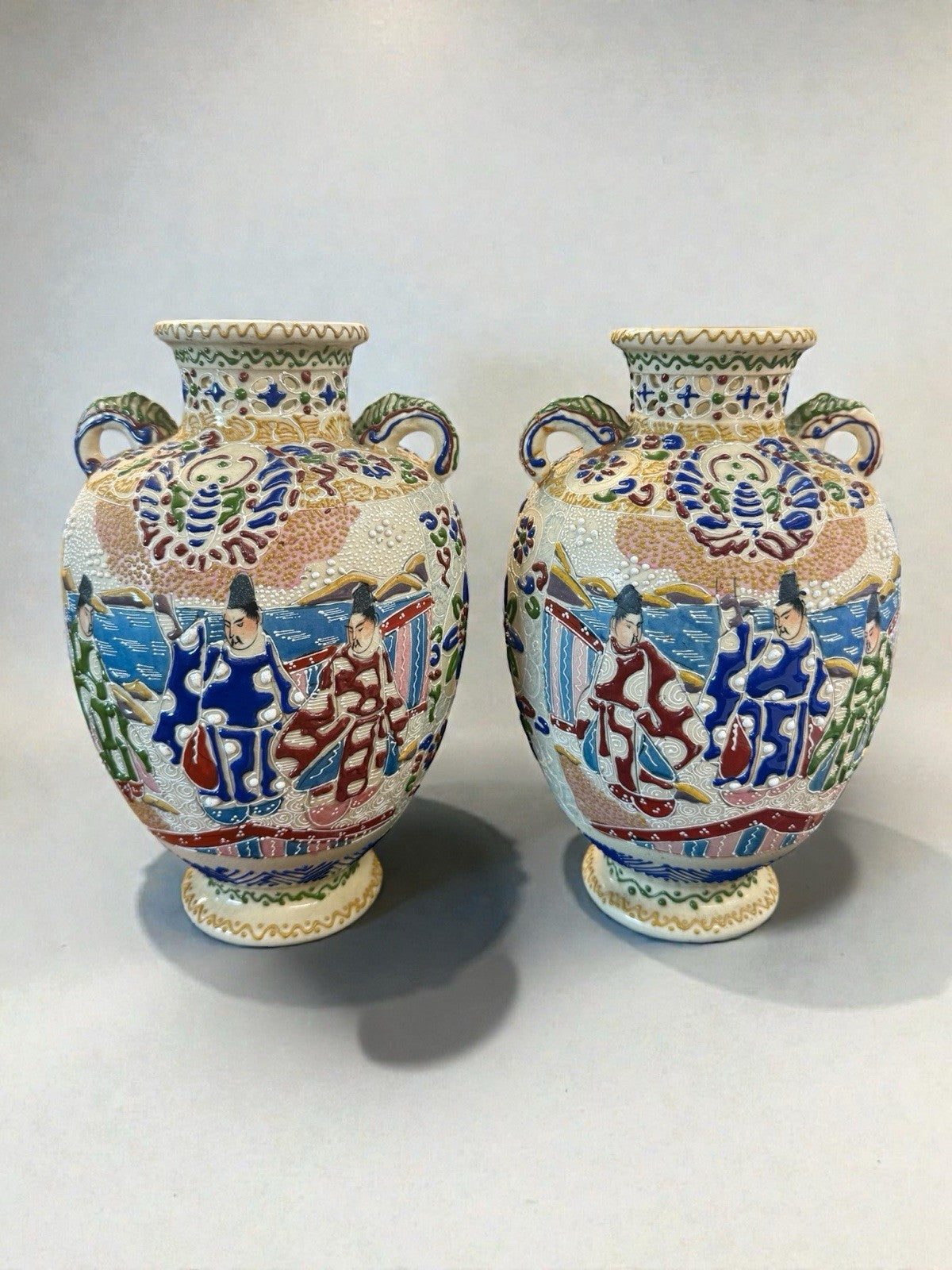 Pair of Vintage Japanese Satsuma Moriage Vases Hand Painted Figural Twin Handle