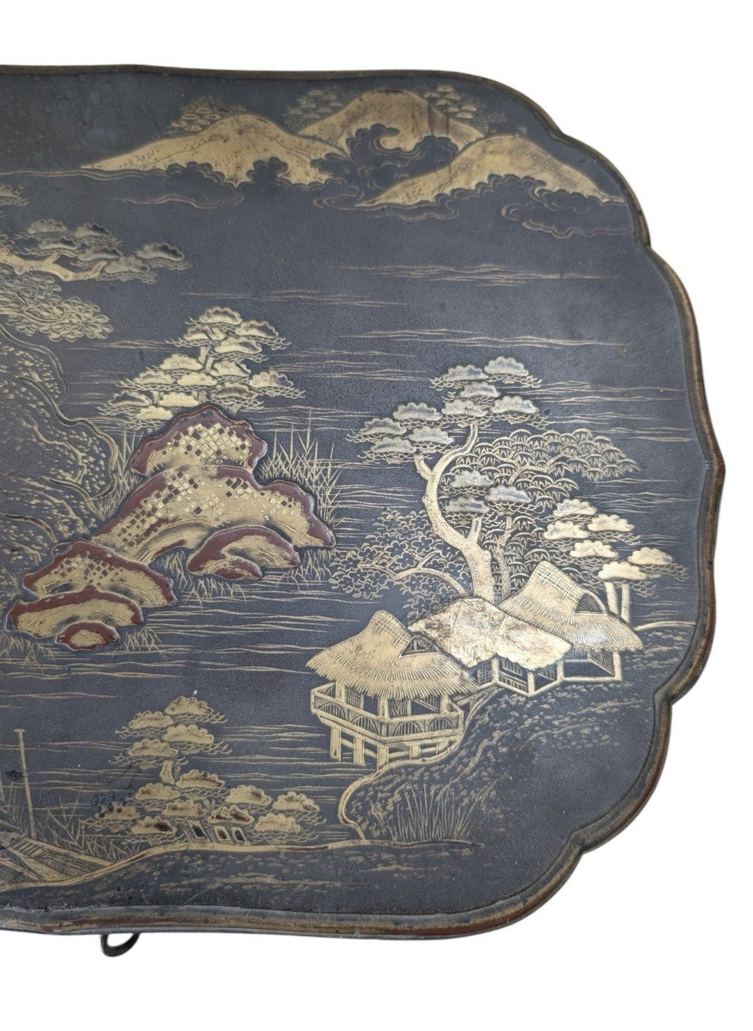 Antique Victorian Chinoiserie Cartouche Box Oriental Decor Velvet Lined