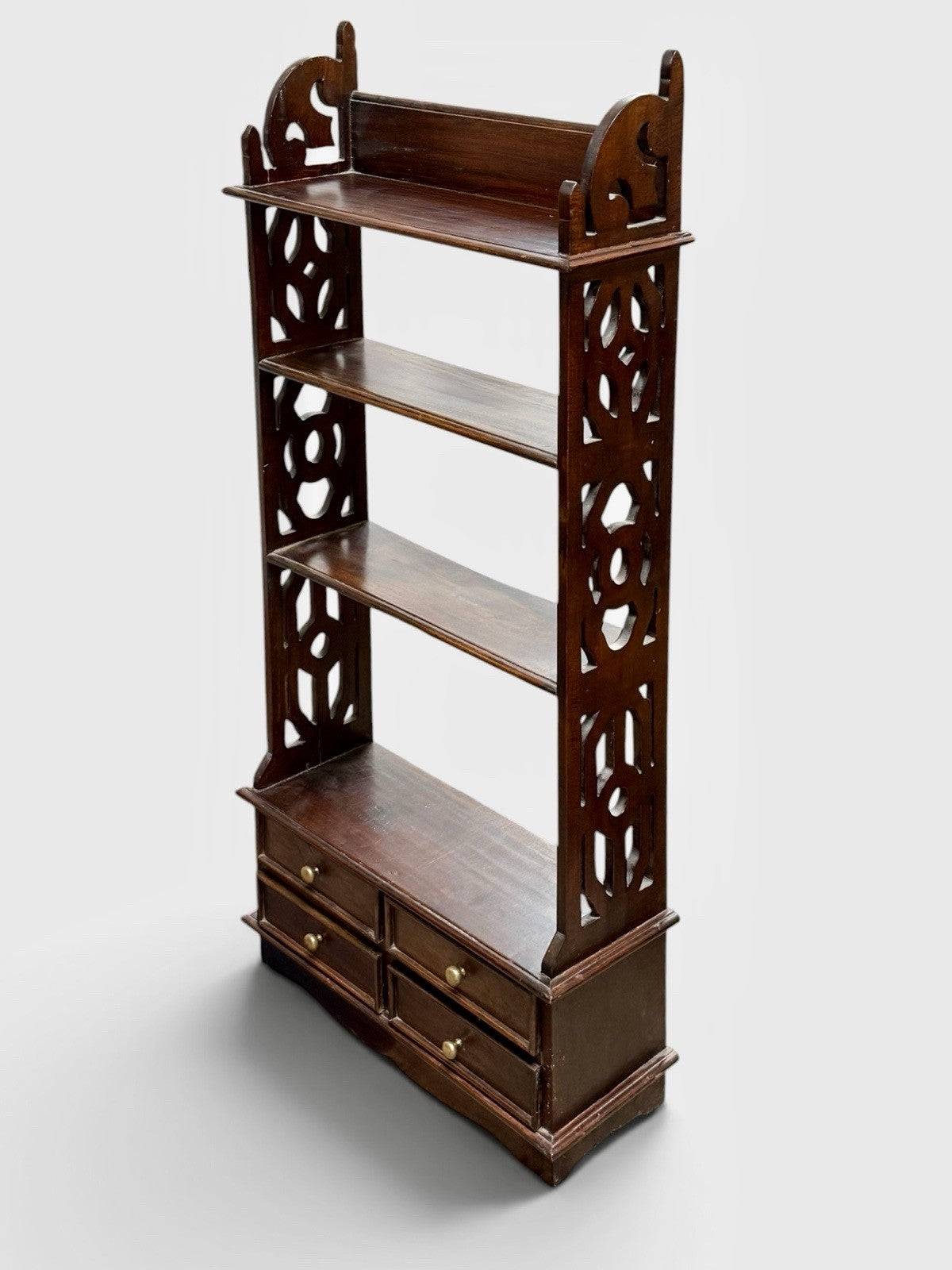 Vintage Regency Style Mahogany Bookcase 4 Tier 4 Drawer Fretted Panels