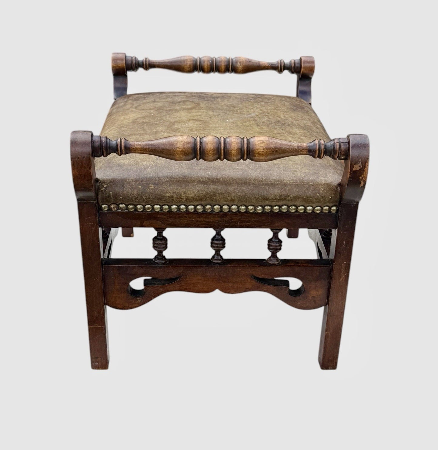 Antique Victorian Oak Stool Leather Upholstered Seat Vintage Footstool