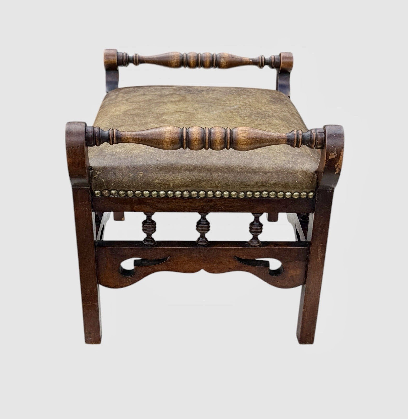 Antique Victorian Oak Stool Leather Upholstered Seat Vintage Footstool