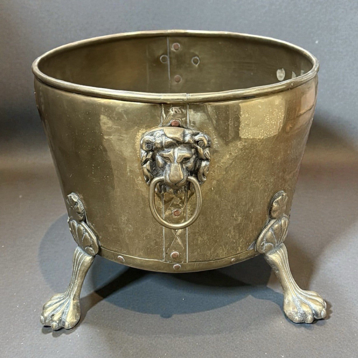 Antique Victorian Brass Log Bin With Lion Mask Handles And Paw Feet Fireplace