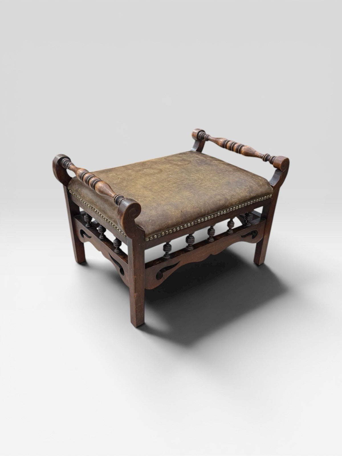 Antique Victorian Oak Stool Leather Upholstered Seat Vintage Footstool