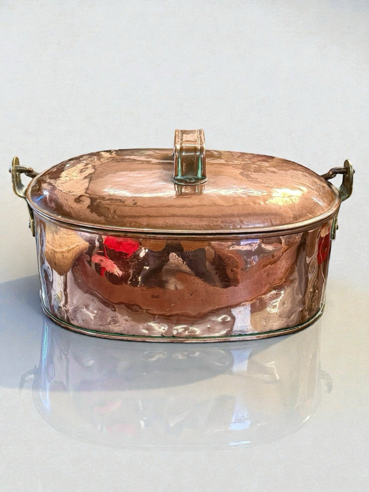 Antique Copper Oval Fish Kettle Poacher with Lid Brass Handles Victorian