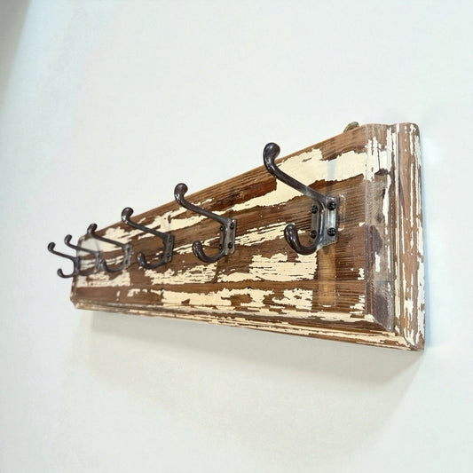 Vintage Wooden Wall Mounted Coat Rack With 5 Metal Hooks Rustic Shabby Chic