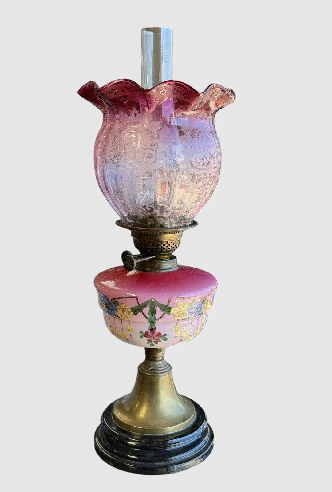 Antique Victorian Cranberry Glass Oil Lamp Hand Painted Font Shade 