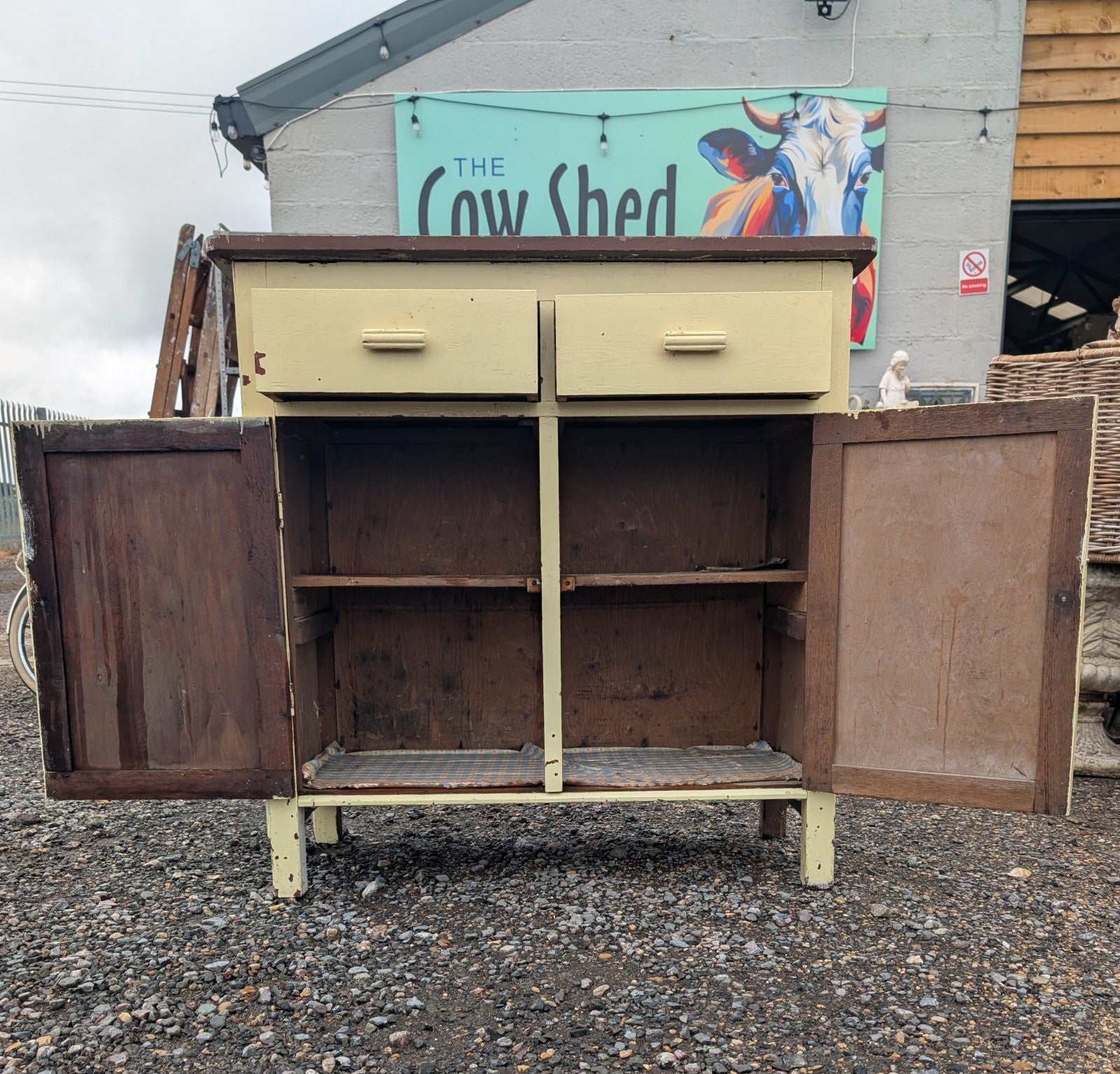 Yellow Hand painted Early 19c Glass And Solid Door Front Cupboard In 2 Pieces 