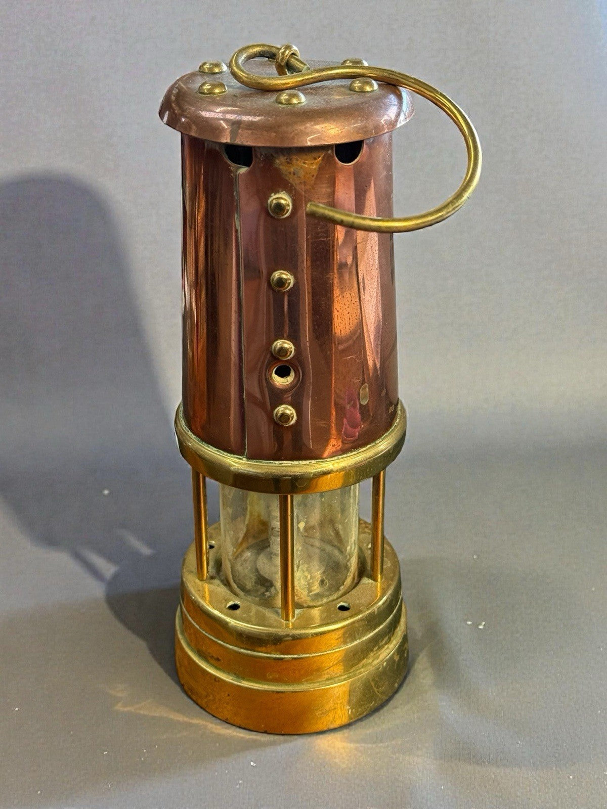 Antique Brass & Copper Welsh Miners Safety Lamp Aberaman Colliery