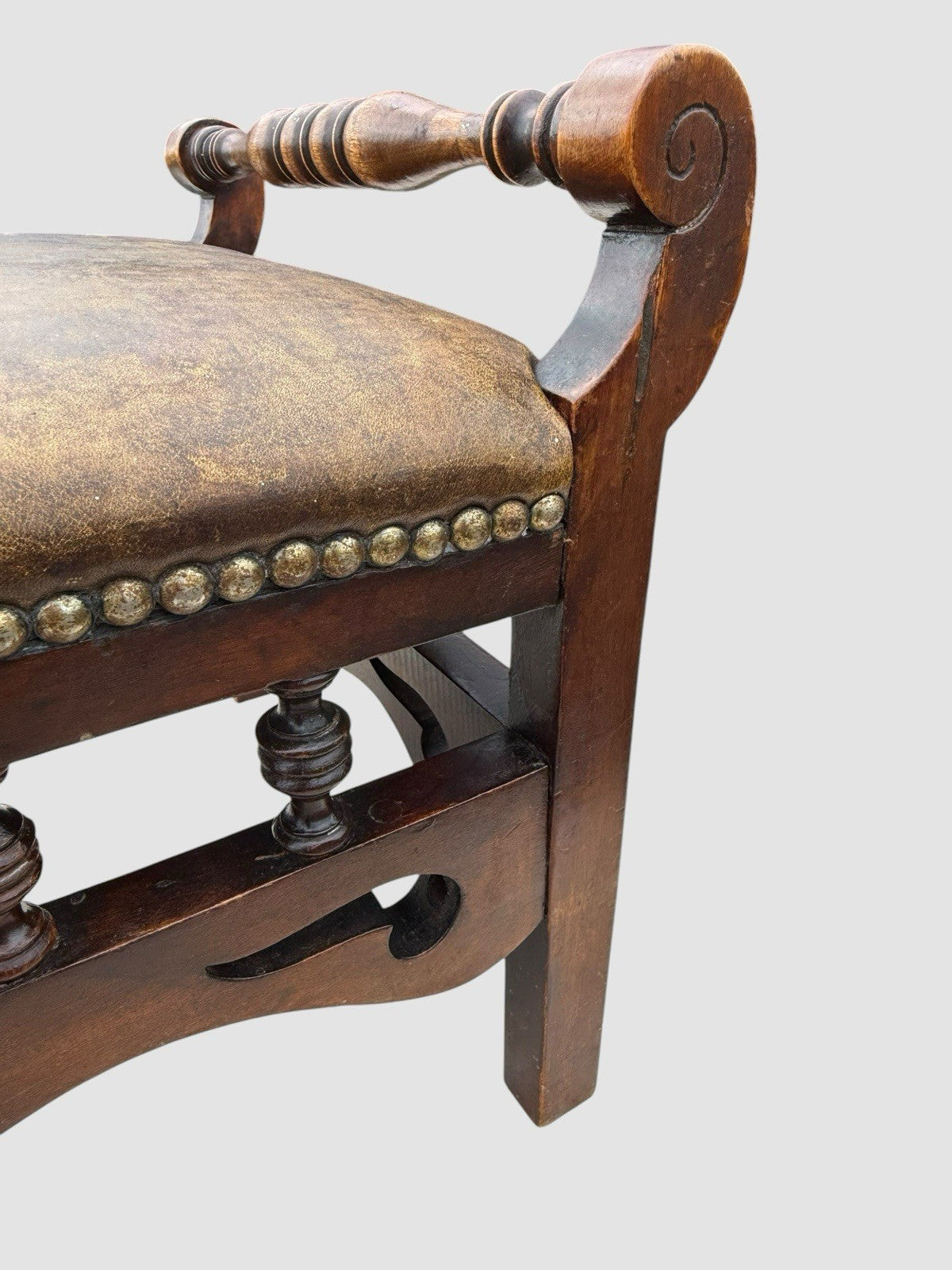 Antique Victorian Oak Stool Leather Upholstered Seat Vintage Footstool