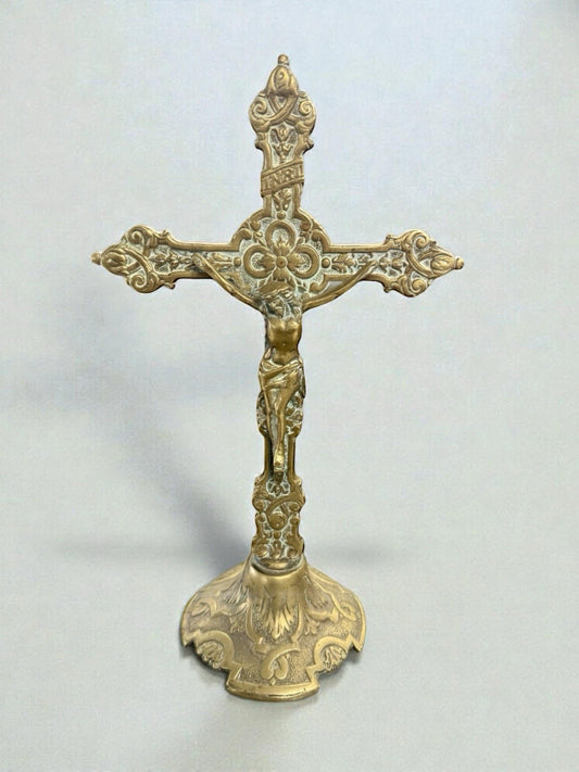 Antique Gothic Revival Brass Altar Crucifix Church Cross 19th Century