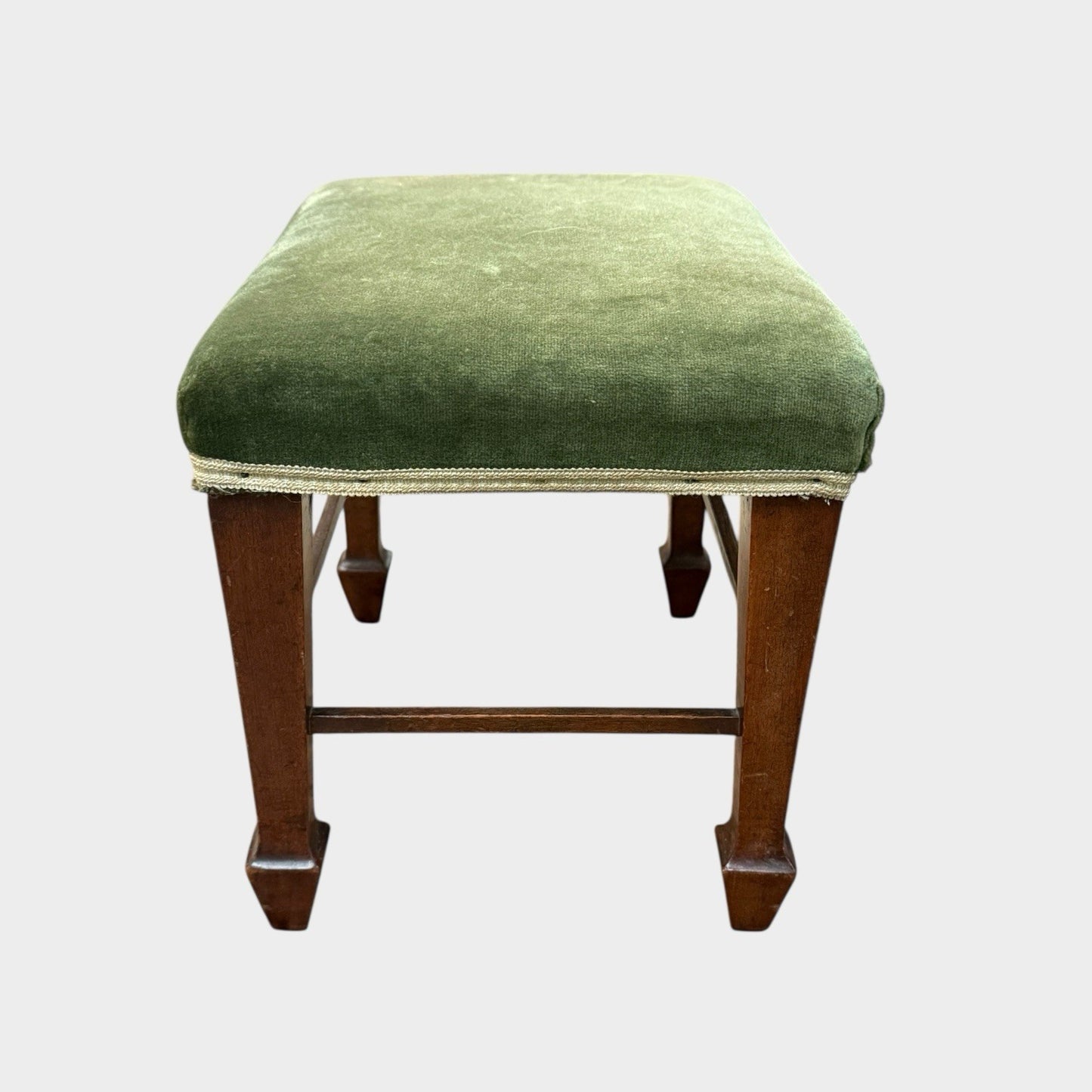 Antique Oak Upholstered Joint Stool Footstool Green Fabric Seat