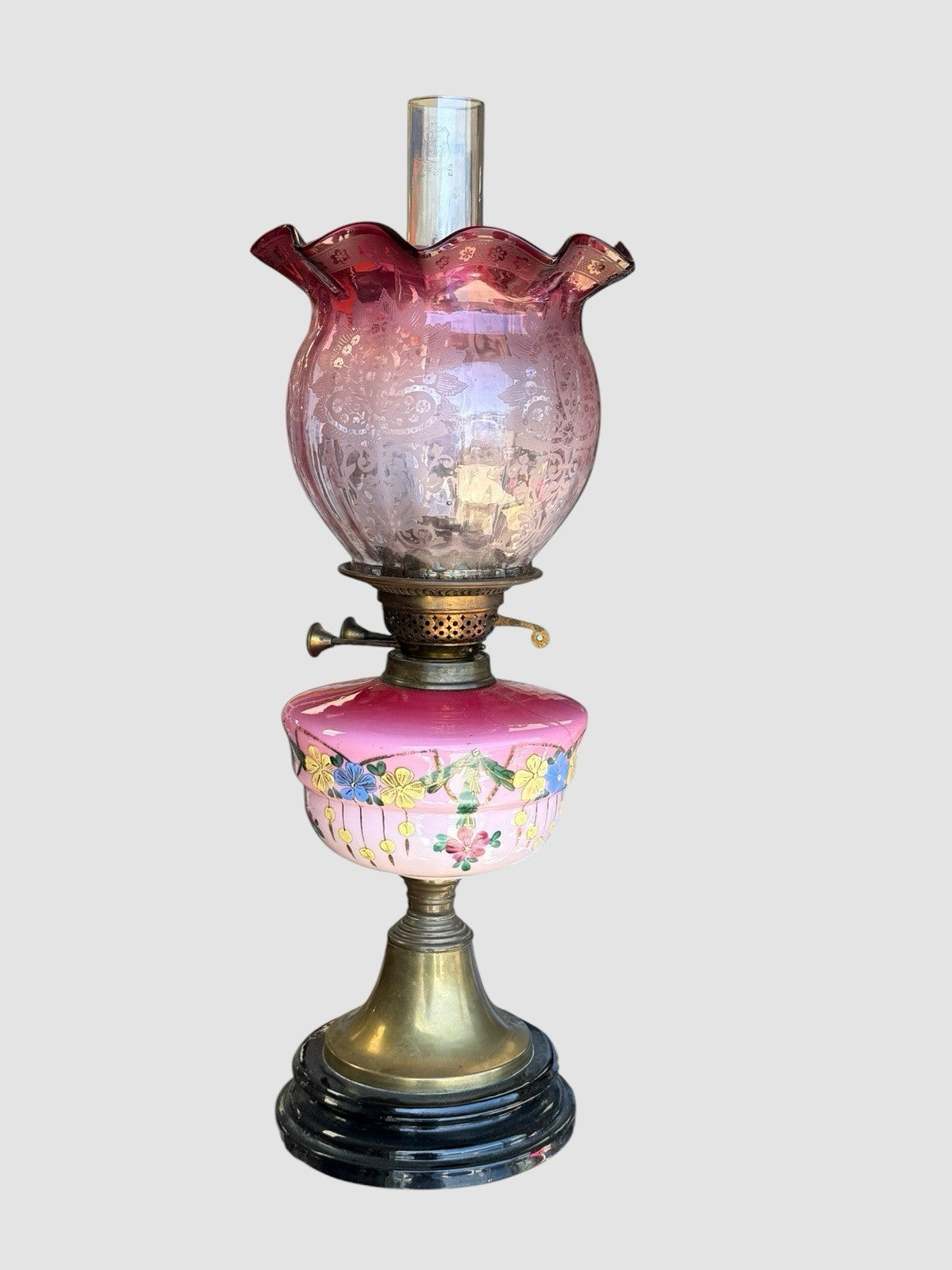 Antique Victorian Cranberry Glass Oil Lamp Hand Painted Font Shade 