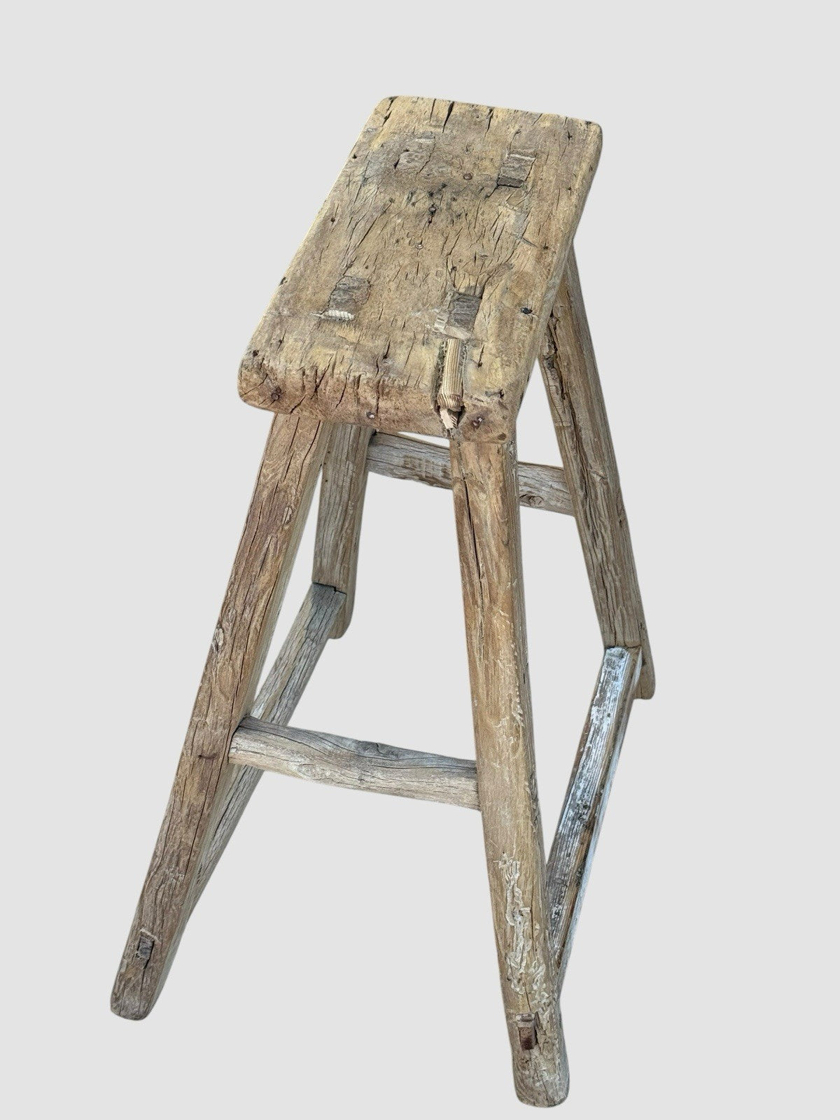 Antique Elm Rustic Wooden Stool Farmhouse Primitive Milking Seat Vintage